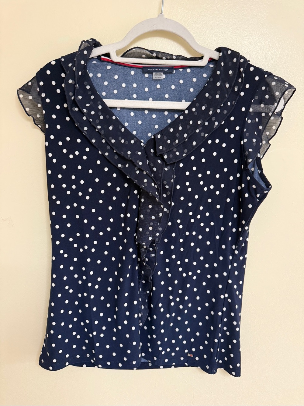 Tommy Hilfiger Navy White Polka Dot Ruffle Cap-Sleeve Top